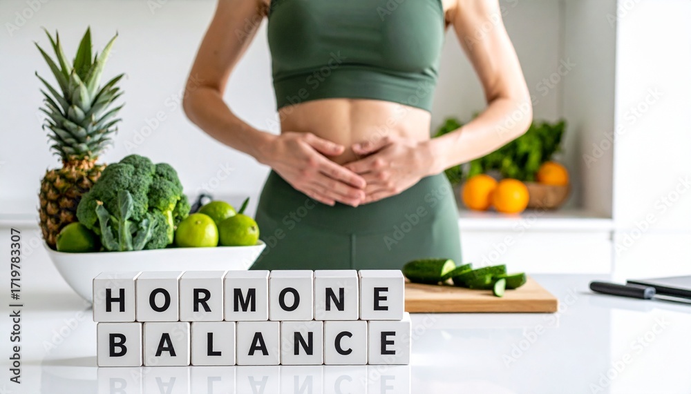 The phrase ‘Hormone Balance’ spelled out on white cubes in the foreground, with a fit, healthy woman standing behind; symbolizing the concept of achieving hormonal balance through nutrition