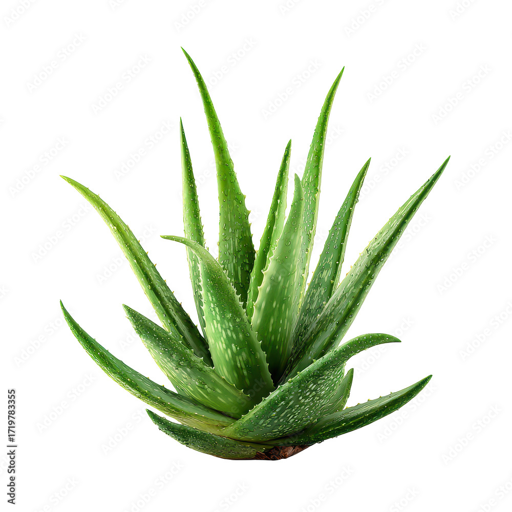 Fototapeta premium Aloe vera plant with fresh droplets, ideal for health and beauty applications in home settings
