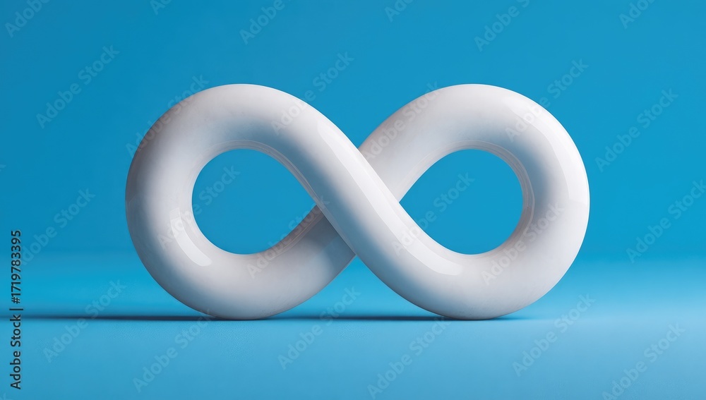 Fototapeta premium A smooth, glossy infinity symbol in brilliant white against a vibrant, simple azure background.