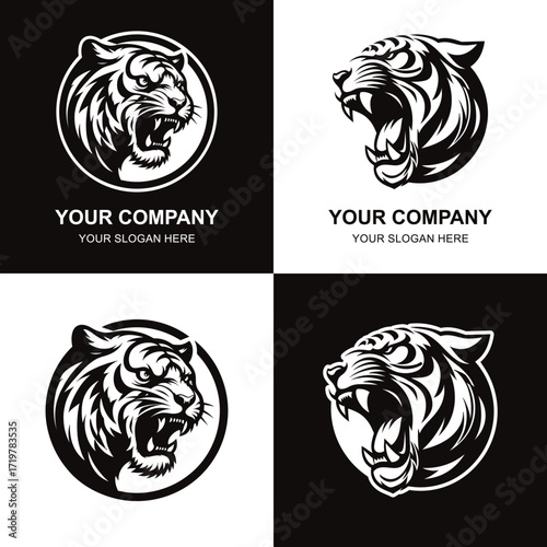 Angry tiger head in a black and white circle, perfect for wildlife logos, sports team mascots, or fierce branding designs.