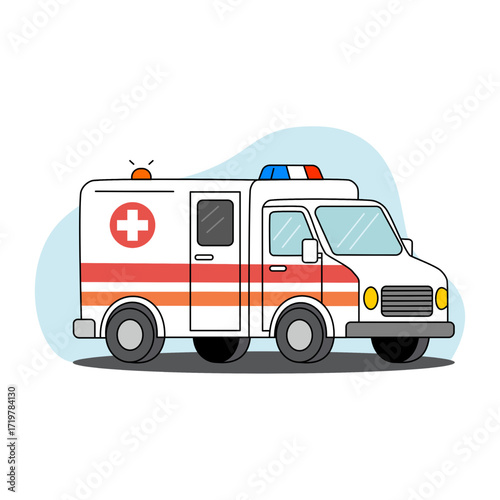Ambulance vehicle with a flashing emergency light, representing medical services, first aid, and urgent care, a professional vector illustration for healthcare and public service.