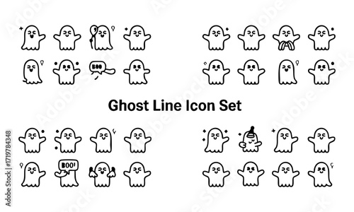 Cute Ghost Line Icon Set Minimal Kawaii Monoline Vector illustration, easily editable and scalable.