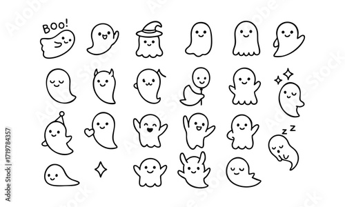 Cute Ghost Line Icon Set Minimal Kawaii Monoline Vector illustration, easily editable and scalable.