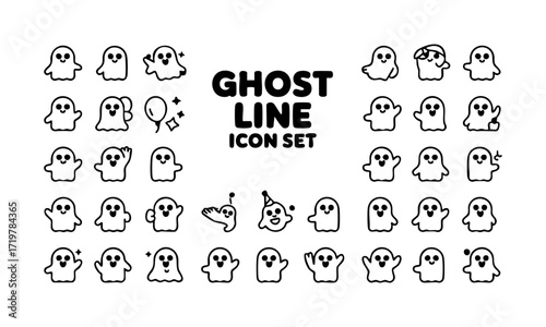 Cute Ghost Line Icon Set Minimal Kawaii Monoline Vector illustration, easily editable and scalable.