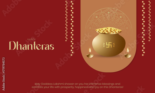 Happy Dhanteras Banner and Greeting Card Wishes. Indian Festival of Lights and Akshaya Tritiya Background with Text Vector Illustration