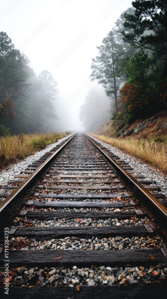 Fototapeta premium Foggy railway track through woods