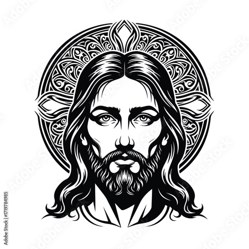 Vector art of jesus christ face with halo