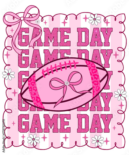 Pink Game Day Text Repeated with Football Graphic, Bows, Flowers, and Stars graphic design