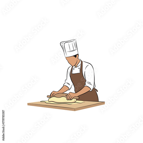 Man chef rolling dough with a wooden rolling pin
