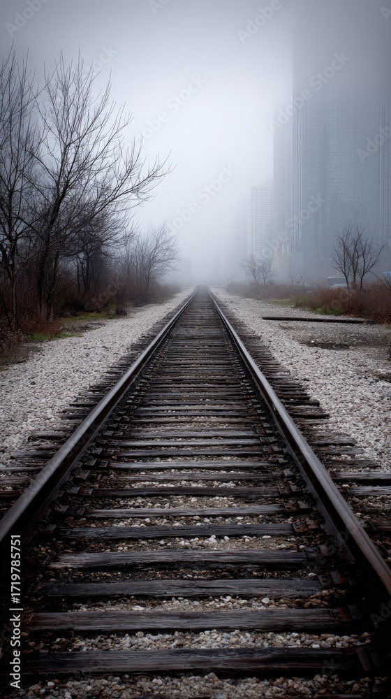 Fototapeta premium Empty railroad tracks through fog