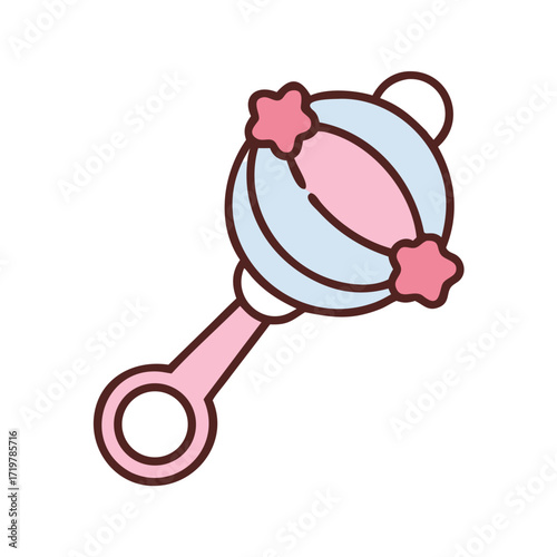 Illustration of a baby rattle baby toy for newborn with pink handle and blue ball with stars for child development