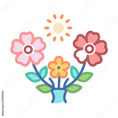 Vector art of colorful flower bouquet, with a shining sun, perfect for spring, summer, or any occasion needing a touch of nature