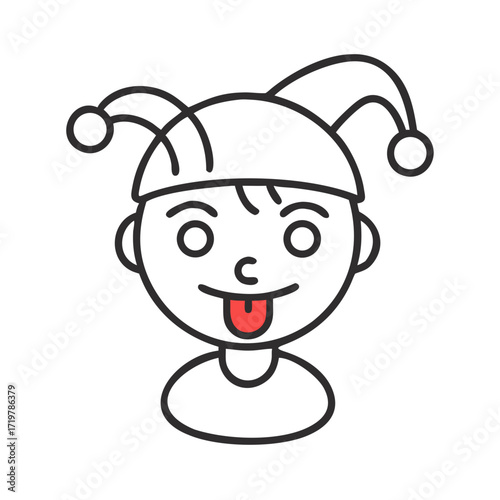 Vector art of a playful jester with a mischievous grin, sticking out his tongue in a lighthearted manner