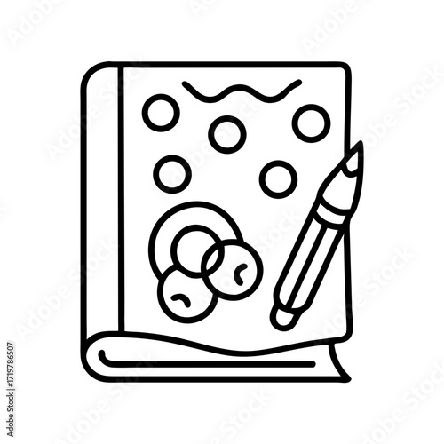 Illustration of a closed sketchbook with abstract drawings on the cover and a pencil next to it, simple and clean design