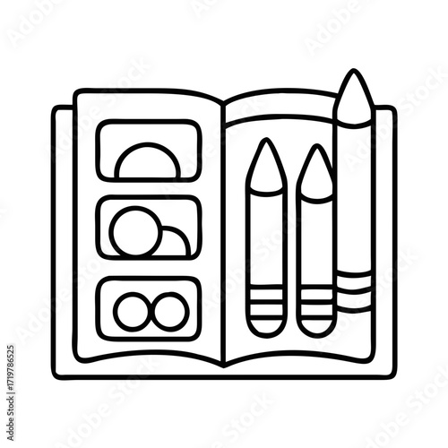 Illustration of an open sketchbook with abstract drawings and pencils on the pages, simple and clean design