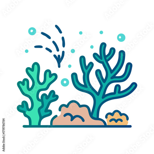 Vector art of vibrant coral reef with blue and green corals, sandy seabed, and bubbles, , showcasing the beauty of marine life