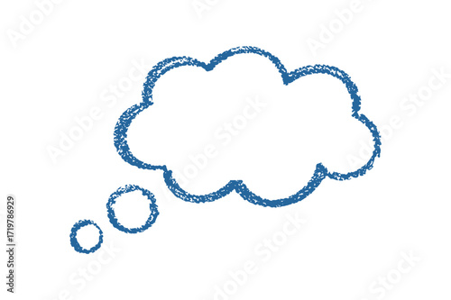 Hand-drawn blue thought bubble with crayon texture. Blank comic-style cloud for ideas and thinking, isolated on white background.
