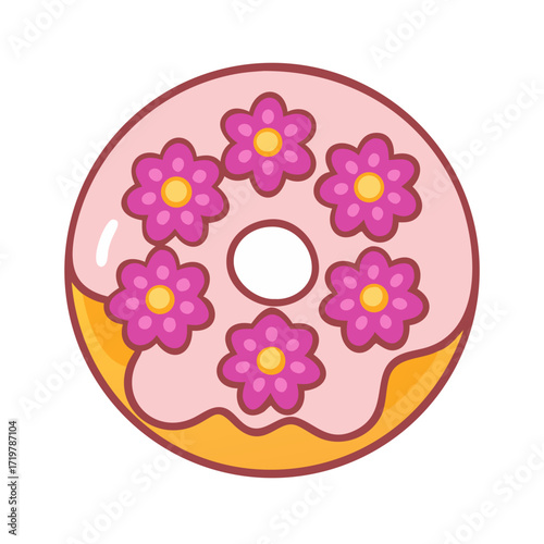 Vector art of delicious donut with pink icing and flower decoration sweet dessert icon with glaze, sprinkles, and topping