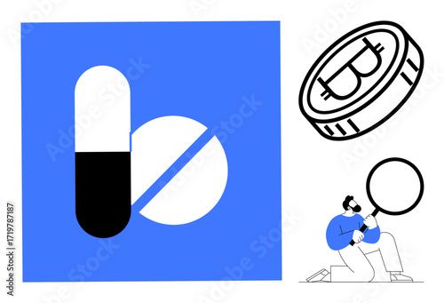 Pill capsule and tablet, Bitcoin coin as financial icon, person with magnifying glass examining data. Ideal for health, cryptocurrency, research, science, analytics, innovation digital trends
