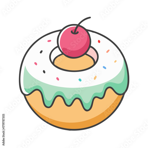 Vector art of delicious donut with white glaze and cherry, a sweet treat for any occasion and a fun dessert for everyone