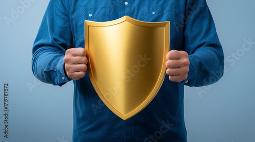 Golden shield emblem held by person in blue shirt symbolizing strong protection security defense safety with confident grip on plain blue background