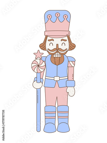 Cute nutcracker Christmas illustration, festive holiday clipart toy soldier, pastel winter decoration design isolate on a white background.
