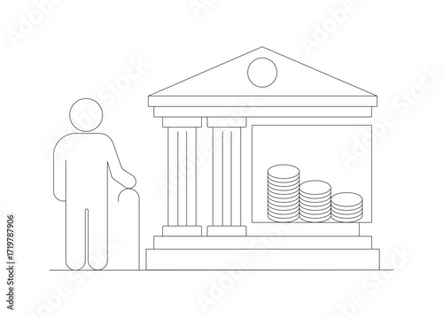 Senior man with cane saving money in bank, saving; money; bank; building; architecture; column; coin; finance isolated on white background