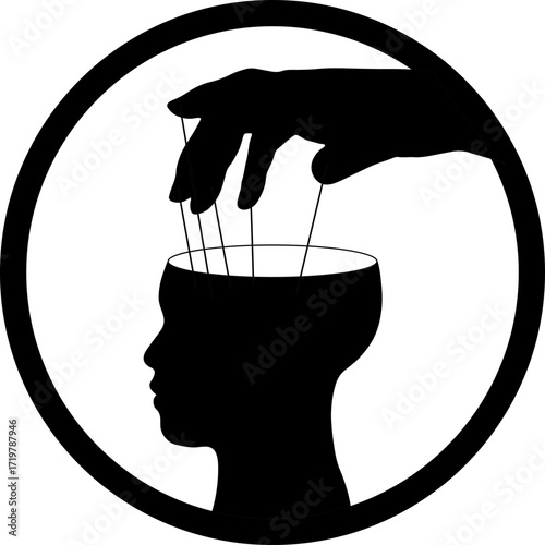 Silhouette head with hand strings. Concept of mind control and psychological manipulation. Vector