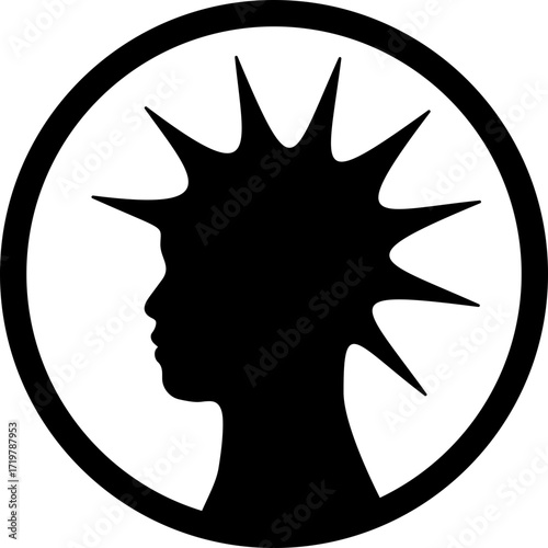 Silhouette head with spiked crown. Minimalist punk inspired emblem in brutalist streetwear style