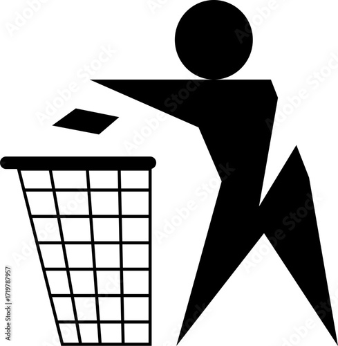 Minimalist trash bin icon with person silhouette. Recycling and waste disposal symbol in flat graphic style