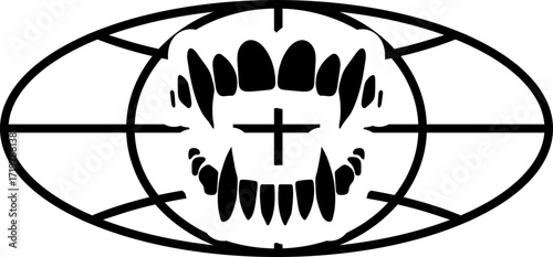 Aggressive teeth inside globe. Gothic cyber emblem with fangs and crosshair in Y2K streetwear style