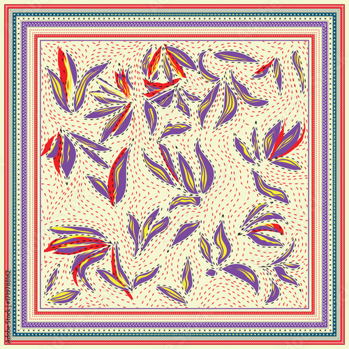 A colorful square floral scarf pattern with swirling leaves in red, purple, and orange against a cream background, framed by intricate borders.