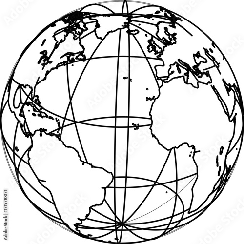 Wireframe globe with world map. Abstract spherical shape for futuristic, techno, and graphic design