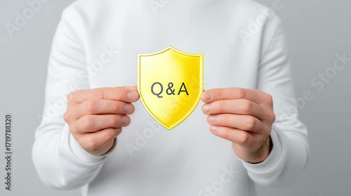 Yellow shield badge symbol with Q&A text held by person in white sweater, close up of hand showing question and answer communication concept