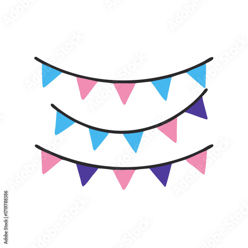 Vector art of three strings of colorful triangle party flags festive bunting decoration for birthday, baby shower, or holiday celebration