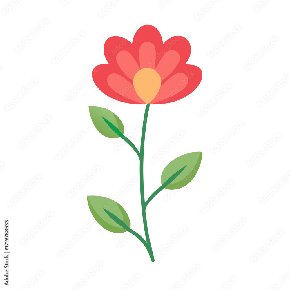 Fototapeta premium Illustration of a vibrant flower with bright red petals, a sunny yellow center, and lush green leaves