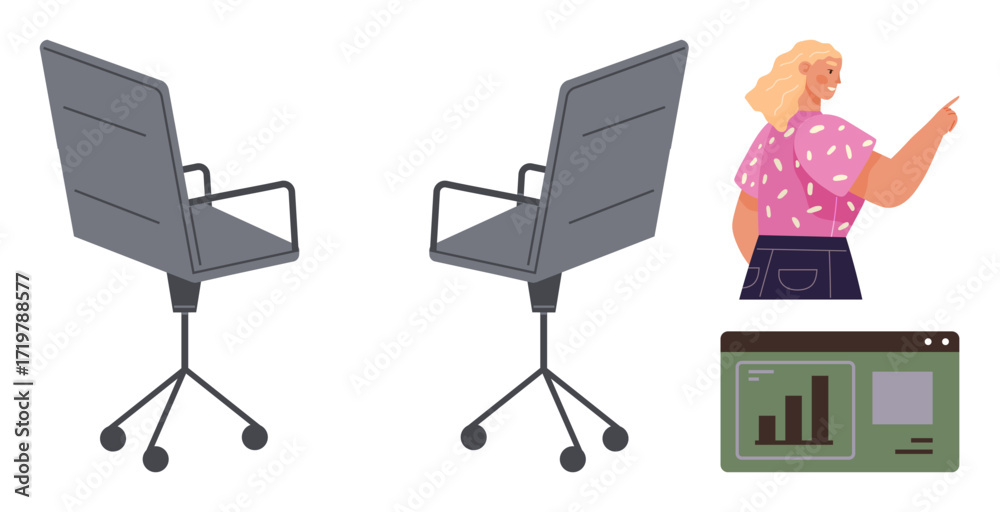 Fototapeta premium Two ergonomic office chairs beside a woman pointing at data charts on a digital screen. Ideal for teamwork, office setup, presentation, leadership, analysis, decision-making, productivity. Simple