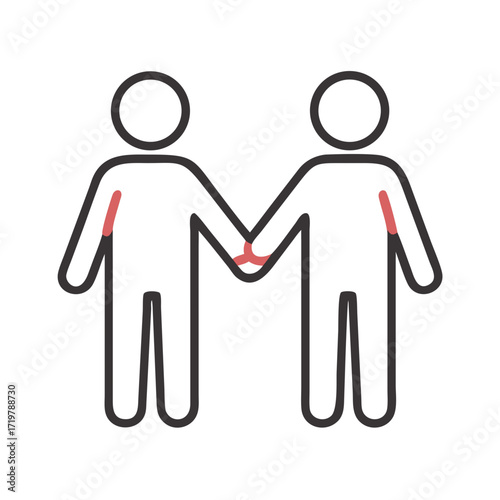 Vector art of two stick figures holding hands, with red accents, symbolizing support, connection, and health in a simple design
