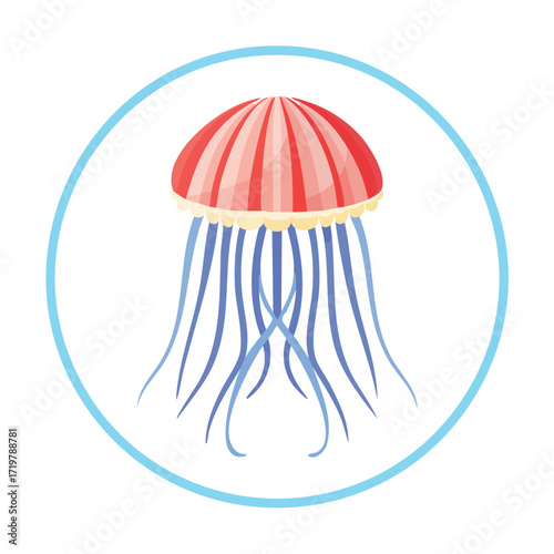 Pink and blue jellyfish illustration, encircled, marine life graphic.