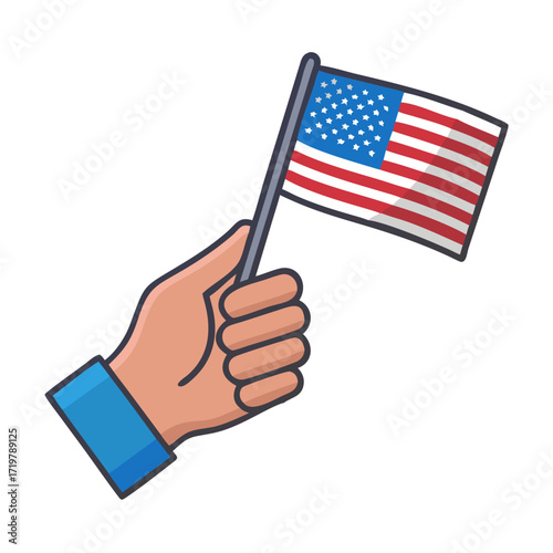 Vector art of hand holding a small american flag, a symbol of patriotism, independence, and national pride on a bright day
