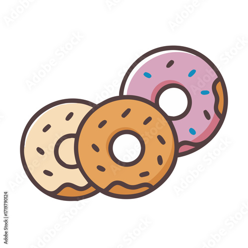 Vector art of three colorful donuts with sprinkles, a delightful and tempting treat for any time of day, perfect for satisfying cravings