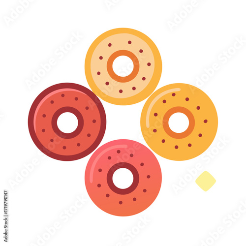 Vector art of four colorful donuts with sprinkles, a delightful and tempting treat for any time of day, perfect for satisfying cravings