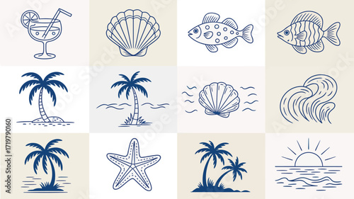 Dreaming of a tropical getaway with these charming summer vacation icons featuring palm trees, sunsets, and ocean life in a playful hand-drawn style for your next creative project