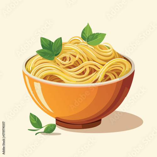 A vibrant illustration of a bowl filled with pasta and fresh basil leaves.