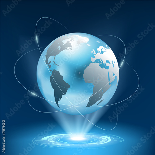 Futuristic holographic projection of globe planet earth. Vector illustration.