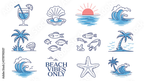 Create a stunning summer vibe with this charming beach-themed icon set featuring palm trees, ocean waves, tropical drinks, and marine life, perfect for your next travel or vacation project
