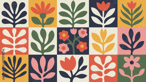 Vibrant floral pattern design with retro flair, perfect for adding a touch of nature-inspired charm to your projects, ideal for textiles, branding, and backgrounds
