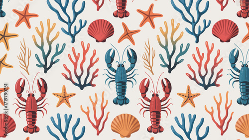 Vibrant ocean life pattern with lobsters, coral, and shells creates a stunning nautical theme perfect for summer designs and coastal inspired projects, elegant and visually appealing