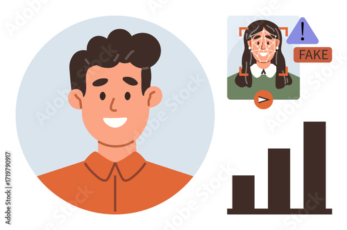 Smiling man next to facial recognition alert marking fake content, warning sign, and bar graph representing data growth. Ideal for technology, AI ethics, misinformation, identity, progress