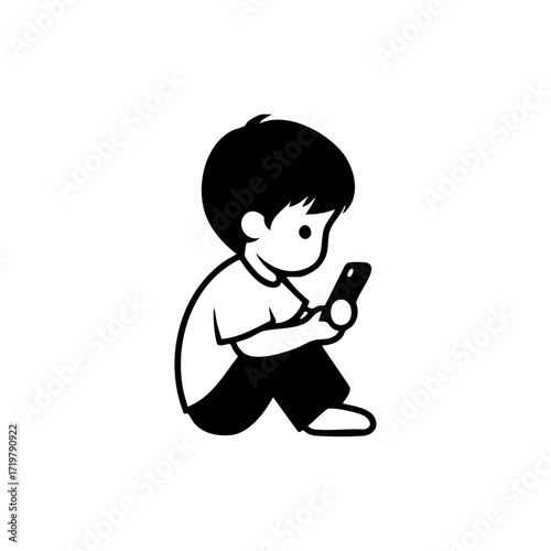 Vector illustration of a boy sitting and using a smartphone, representing digital entertainment, gaming, or excessive screen time.